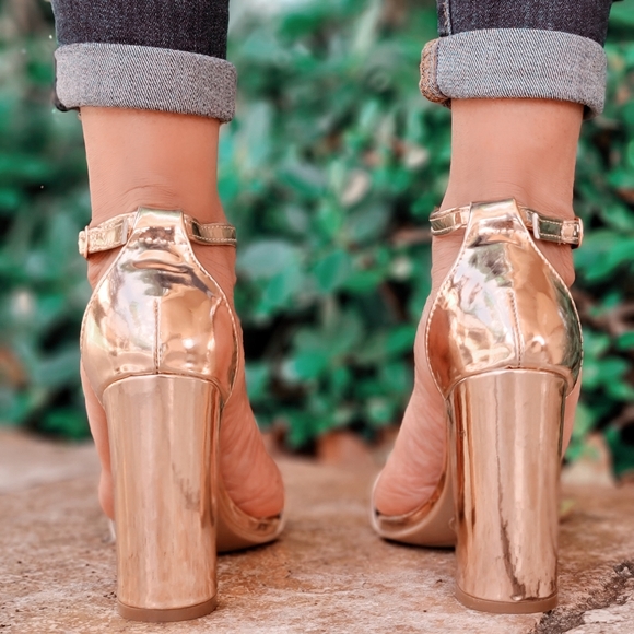 Rose Gold PU Ankle Strap Block Heel Dress Sandals - Picture 3 of 5